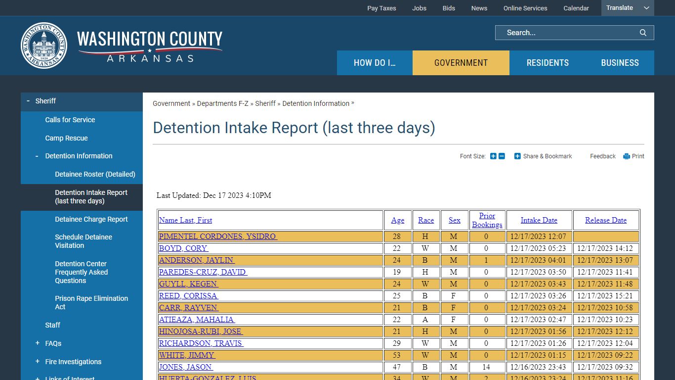 Detention Intake Report (last three days) | Washington County, AR